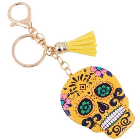 Yellow Sugar Skull Tassel Keychain KeyRing Bag Charm - Picture 2 of 4
